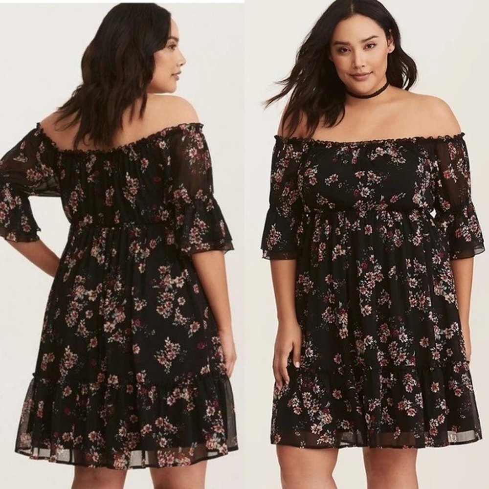 Black Floral Off Shoulder Chiffon Peasant Dress